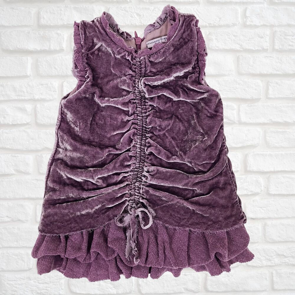 Ermanno Scervino Baby Velvet Dress 12M Purple Ruched Italy‎ Luxury Designer